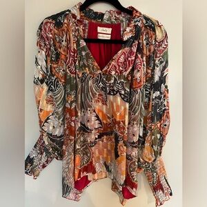 Chufy Multicolor Paisley V-Neck Blouse — Orange, Olive, Black, Cream